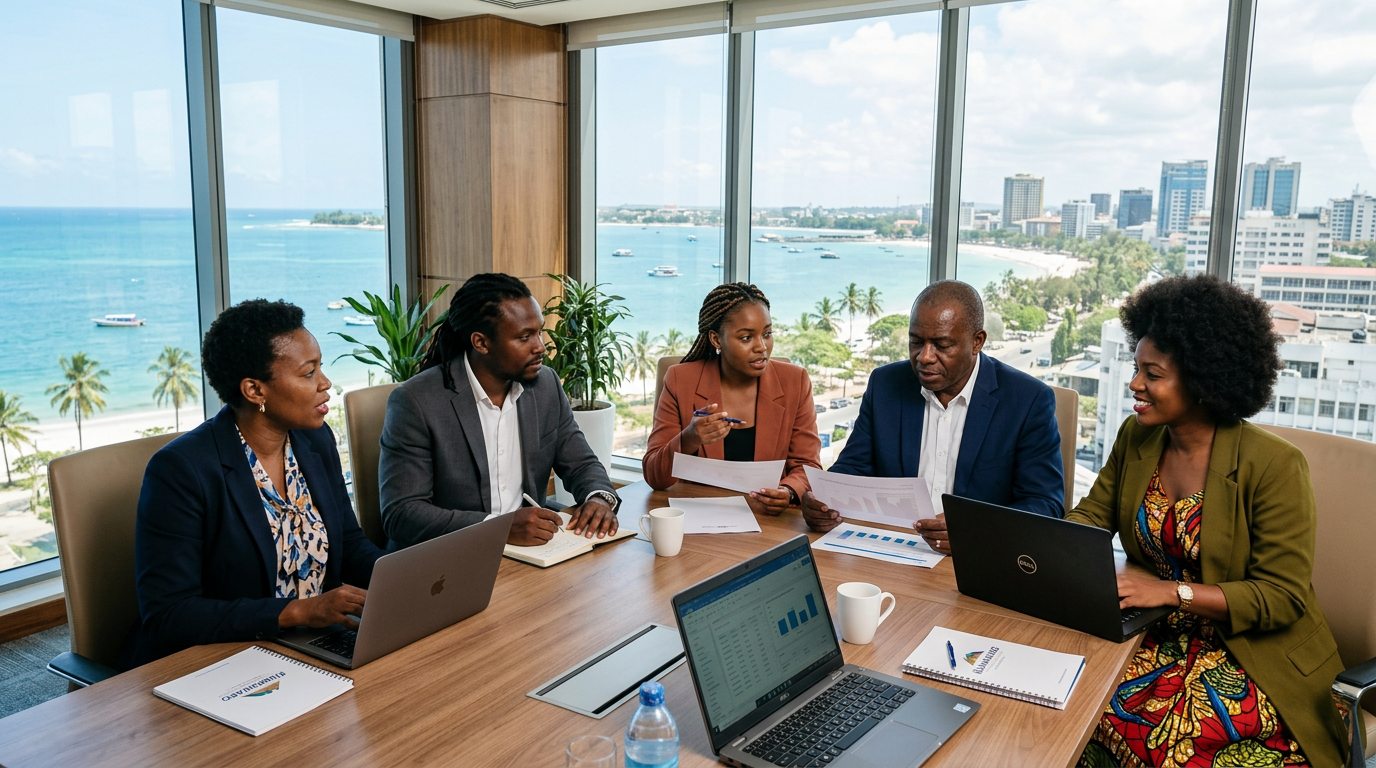 Business leaders collaborating at a meeting with coastal view