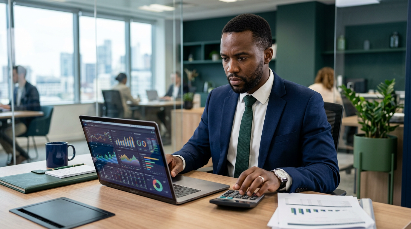 African finance professional reviewing financial models, charts, and business plan documents in the office